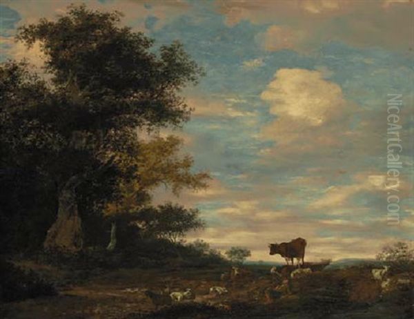 A Shepherd And His Dog Resting In A Wooded Landscape, Cattle And Sheep Nearby Oil Painting by Jacob Salomonsz van Ruysdael