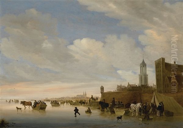 Winter Landscape With Figures Skating And Sleigh-riding Outside A Town, With The Utrecht Dom And Huis Groenewoude At Right Oil Painting by Salomon van Ruysdael
