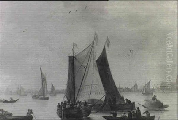 An Estuary Scene With Numerous Figures In Vessels... Oil Painting by Salomon van Ruysdael