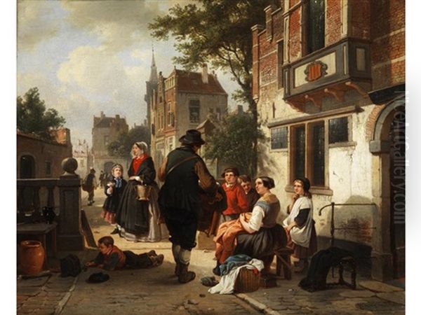 Der Spielmann In Bewegter Gasse Oil Painting by Jean (Jan) Michael Ruyten
