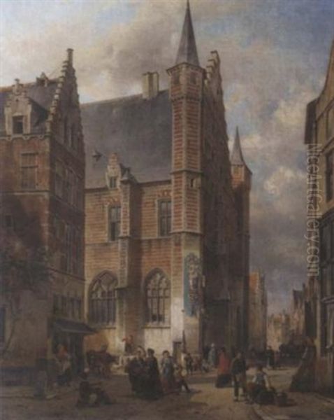 Bustling City Life Around The Vleeshal, Antwerp Oil Painting by Jean (Jan) Michael Ruyten
