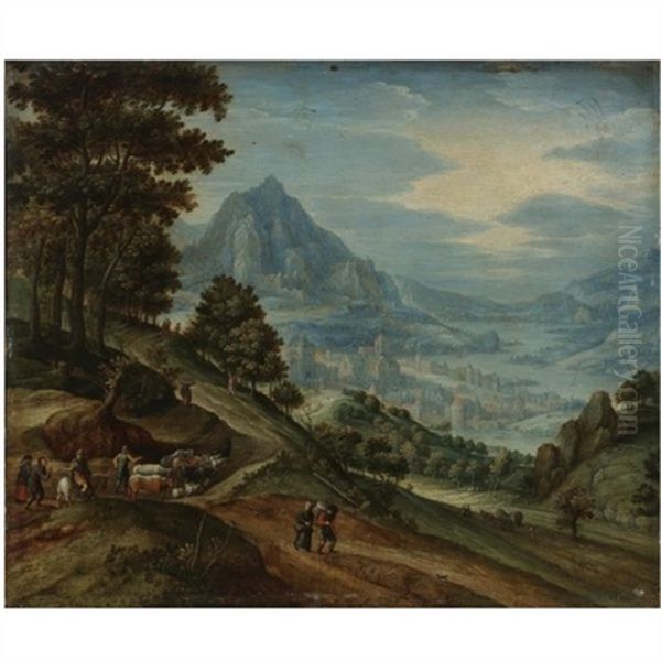 An Extensive Landscape With A Wood, Distant Mountains, A Town On A River Valley, Travellers, Herdsmen, And Ploughmen Oil Painting by Marten Ryckaert