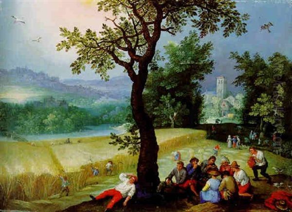 Summer: Harvesters Resting Beneath A Tree, Others At Work In A Cornfield Oil Painting by Marten Ryckaert