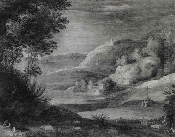 Landscape With A Goatherd On A Path And A Swineherd Resting Oil Painting by Marten Ryckaert