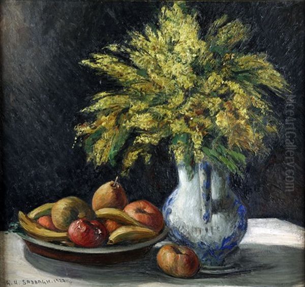 Huile Sur Toile Nature Morte Aux Mimosas Et Fruits Oil Painting by Georges Hanna Sabbagh