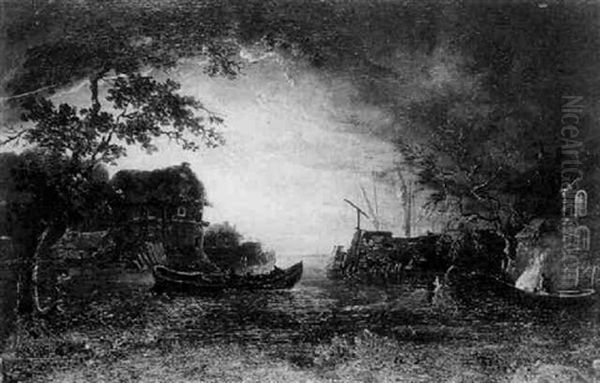 A Coastal Inlet By Moonlight With Figures Tending A Bonfire Oil Painting by William Sadler the Younger