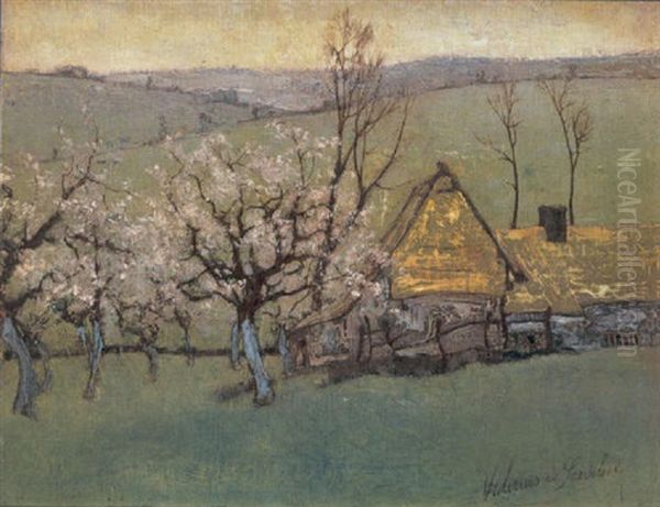 Bloeiende Boomgaard Bij De Hoeve Oil Painting by Valerius De Saedeleer