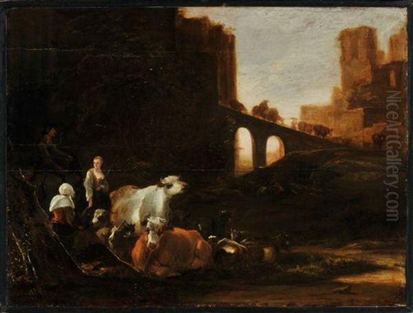 Rastende Hirten Mit Ziegen Und Rindern Nahe Einer Brucke Vor Den Toren Einer Stad Oil Painting by Cornelis Saftleven