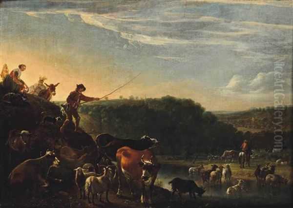 A Pastoral Landscape At Dusk With Herdsman And Cattle Oil Painting by Cornelis Saftleven