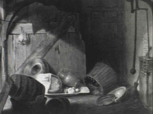 Cooking Utensils, Baskets, A Barrel, A Straw Hat, And       Vegetables In A Barn Interior Oil Painting by Cornelis Saftleven