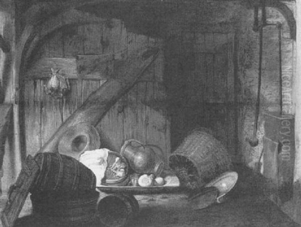 Corner Of A Kitchen Interior With Copper Pots And Wooden    Barrels Oil Painting by Cornelis Saftleven