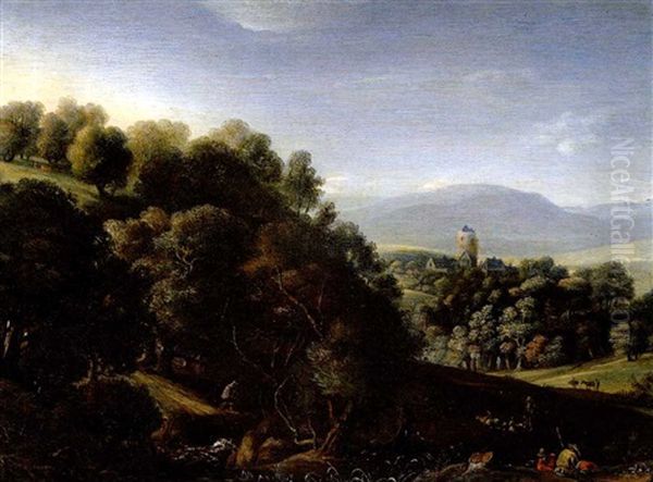 Bewaldete Landschaft Mit Rastenden Und Einem Hirten Mit Herde Oil Painting by Herman Saftleven