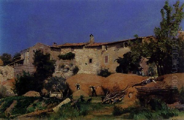 Sudliche Landschaft Mit Hausern Und Arbeitenden Bauern Oil Painting by Paul (Jean Marie) Sain