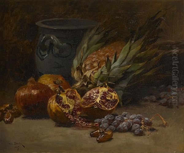 A Still Life With Pomegranates And Pineapple Oil Painting by Henri Saintin