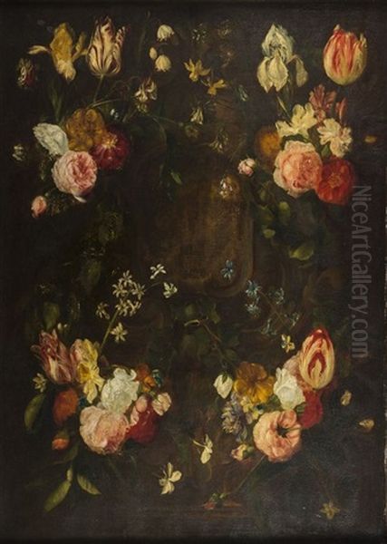 Bouquets De Fleurs Sur Un Encadrement De Pierre Sculpte Oil Painting by Simon Saint-Jean