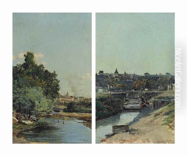 Madrid From The Riverbanks Of The Manzanares (pair) Oil Painting by Casimiro Sainz Y Sainz