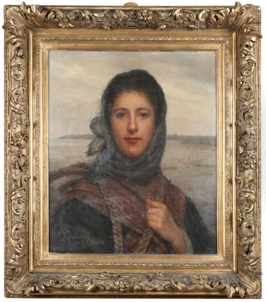 Portrait De Jeune Pecheuse, Granville Au Loin Oil Painting by Eugenie Alexandrine Marie Salanson