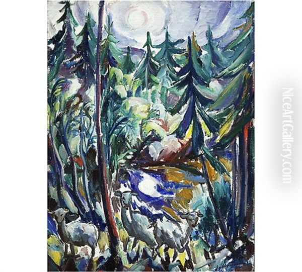 Sheep In A Forest (+ Landscape From France, Verso) Oil Painting by Tyko Sallinen