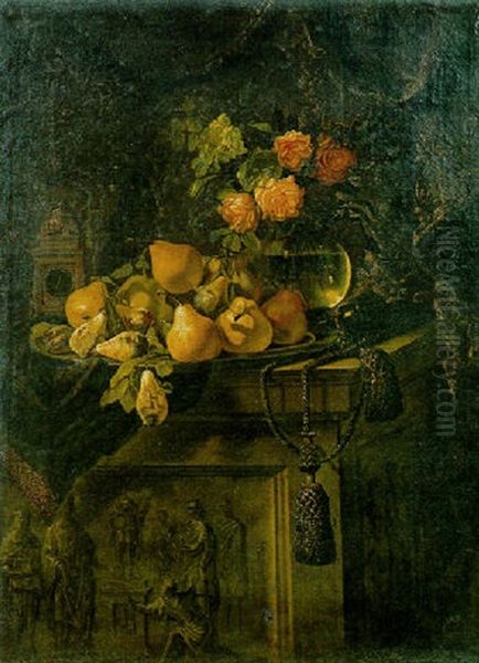Fruit On A Plate, Flowers In A Glass Vase And A Clock On A Draped Pedestal Oil Painting by Giovanni Battista Salvi (Il Sassoferrato)