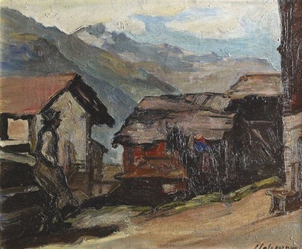 Walliser Dorf Mit Bauerin Und Pferd Oil Painting by Louis Henri Salzmann