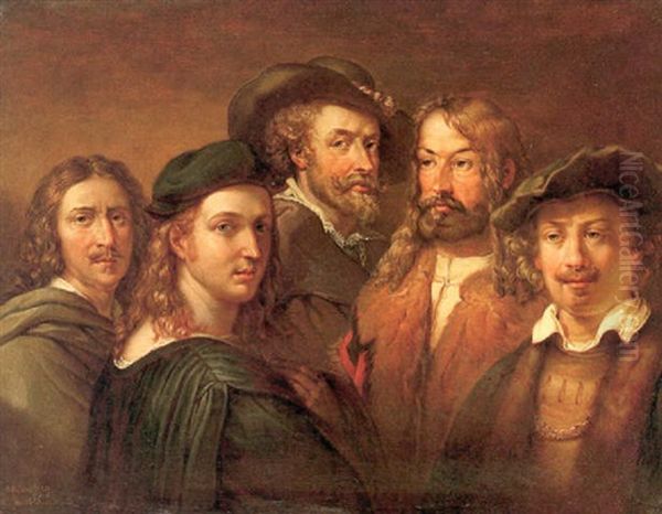 Fem Konstnarer - Poussin, Rafael (egentligen Bindo Altoviti), Rubens, Durer Och Rembrandt Oil Painting by Johan Gustav Sandberg