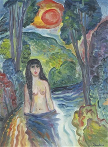 Badande Kvinna Oil Painting by Goesta (Adrian G. Fabian) Sandels