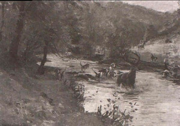 With The Devon And Somerset Staghounds - Down The Barle Oil Painting by John Sanderson-Wells