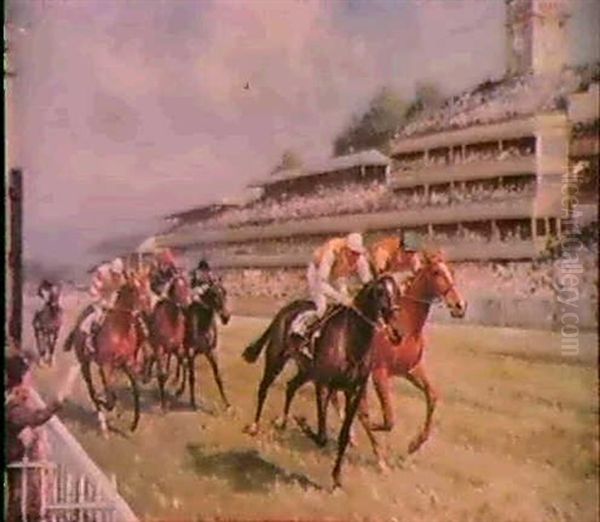 English Horse Racing Scene Oil Painting by John Sanderson-Wells