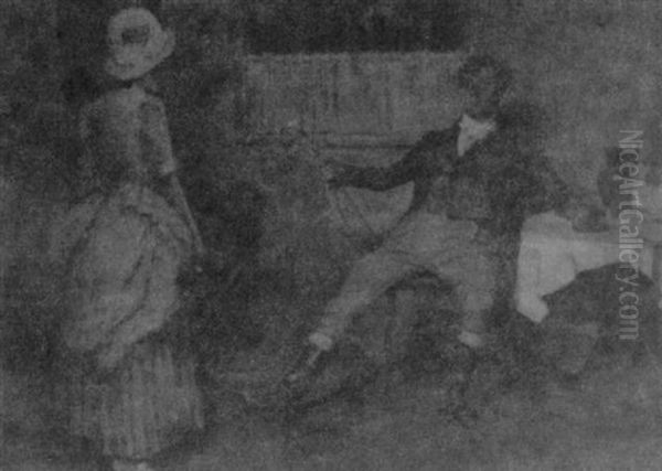 A Huntsman And A Lady In An Interior Oil Painting by John Sanderson-Wells