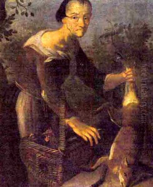 Man With Fox And Roosters Oil Painting by Joachim von Sandrart the Elder