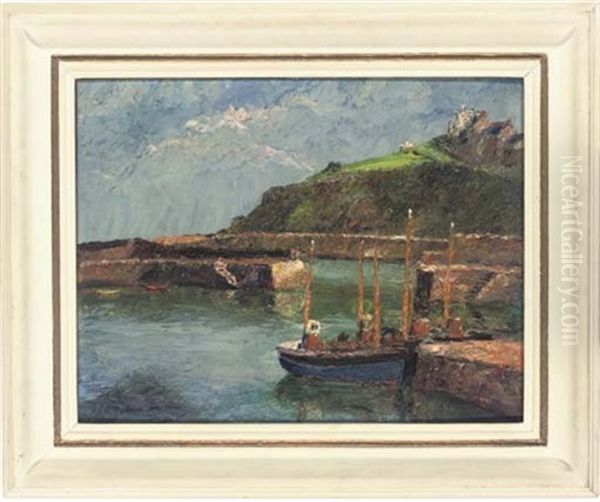 The Inner Harbour With Polkirt Hill Beyond, Mevagissey, Cornwall (+ Fishing Boats In The Harbour, Smllr; 2 Works) Oil Painting by Piero Sansalvadore