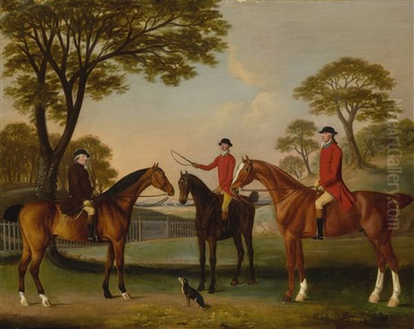 Portrait Of John Stanford Perrot (1704-1768), William Parker Of Upton Cheney (1745-1789), And Sir Robert Jansen On Horseback Oil Painting by Francis Sartorius the Elder