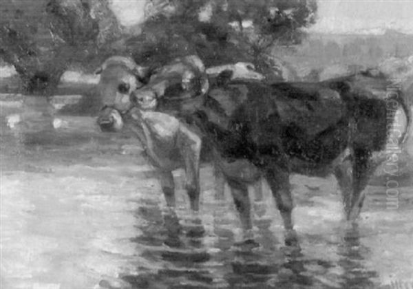 Zwei Kuhe Im Wasser Oil Painting by Hermann Sattler