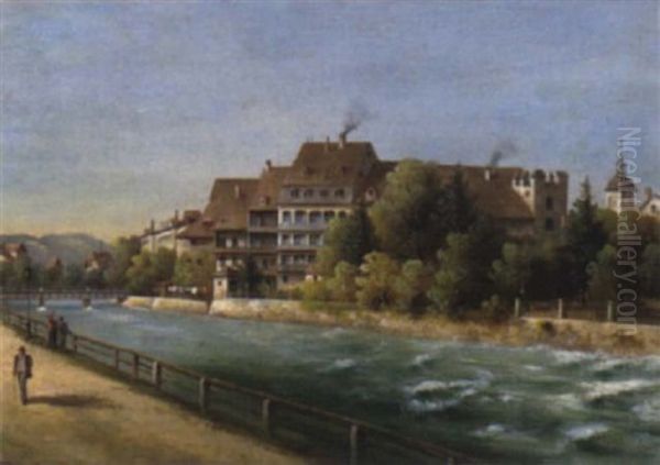 Blick Auf Promenade Und Hauserzeile Am Flus Oil Painting by Hubert Sattler