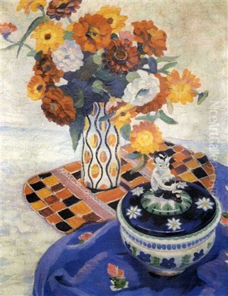 Nature Morte Aux Fleurs Variees Et Porcelaine Oil Painting by Walter Sauer