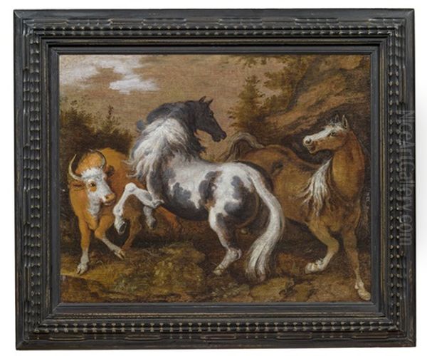 Steigender Araberhengst, Mit Stute Und Rind Oil Painting by Hans Savery the Younger
