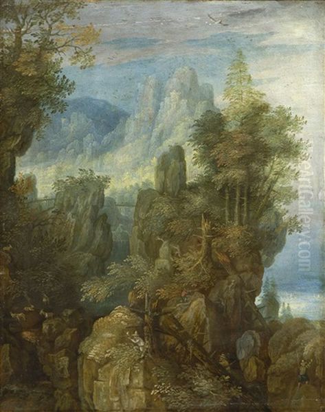 Phantastische Felsenlandschaft Mit Jagern Und Ziegen Oil Painting by Roelandt Savery