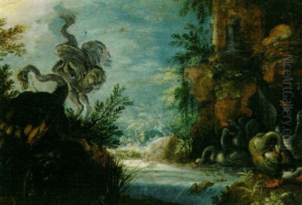 Ostriches By A Waterfall Near A Ruined Castle Oil Painting by Roelandt Savery