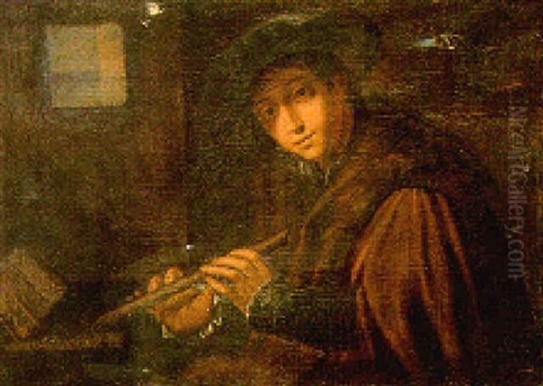A Young Man With A Soprano Recorder Oil Painting by Giovanni Girolamo (da Brescia) Savoldo