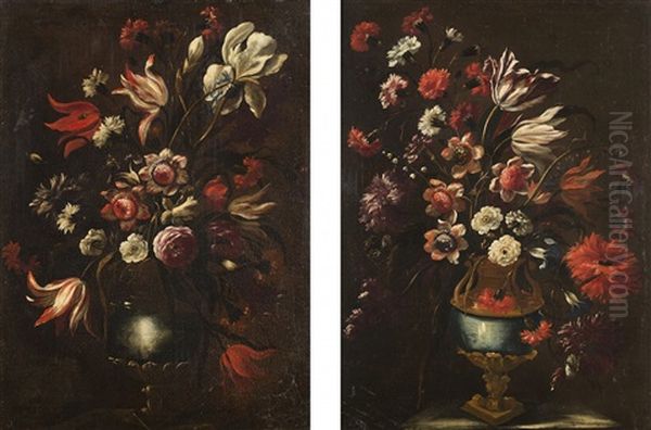 Vasi In Metallo Dorato Con Fiori Su Un Parapetto In Pietra Oil Painting by Andrea Scacciati I