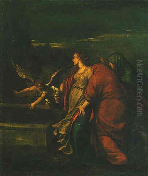 An Angel With The Three Maries At The Tomb Oil Painting by  Scarsellino