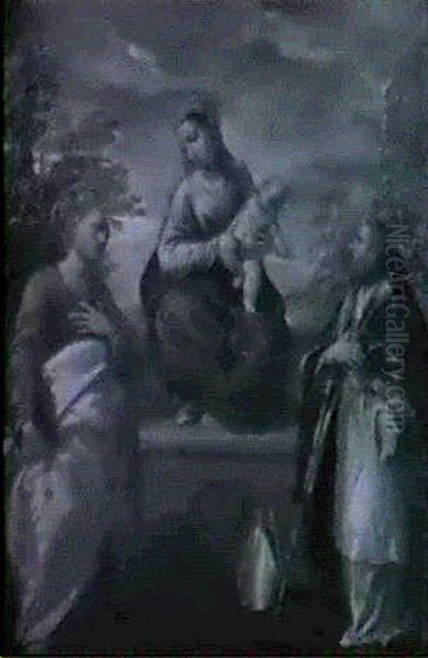 Madonna Col Bambino, San Pietro E Un Santo Vescovo Oil Painting by  Scarsellino