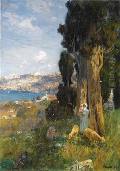 Hirtin Bei Der Rast, Im Hintergrund Istanbul Oil Painting by Ferruccio Scattola