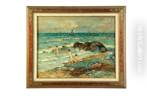 Seascape With Three Nudes Oil Painting by Ferruccio Scattola