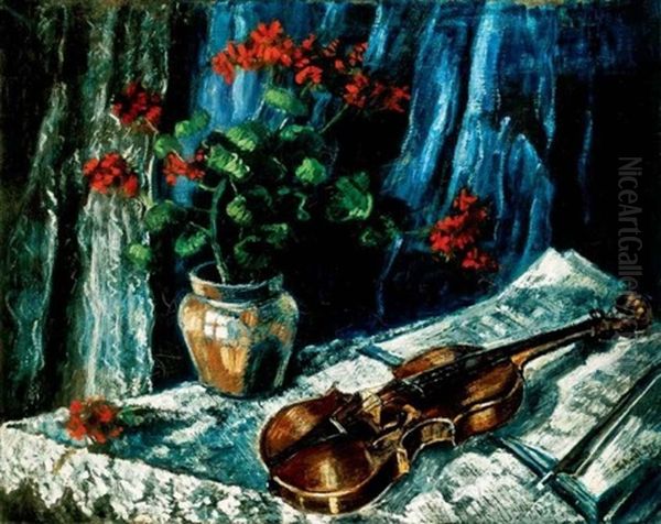 Csendelet Hegeduvel Kek Hatterben (still Life With A Violin In Front Of Blue Background) Oil Painting by Janos Schadl
