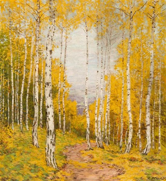 Autumn In A Birch Grove Oil Painting by Karl Schadt