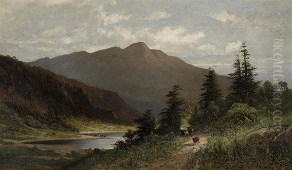 Cows Along A Dirt Road With Mountains In The Distance Oil Painting by Frederick Ferdinand Schafer