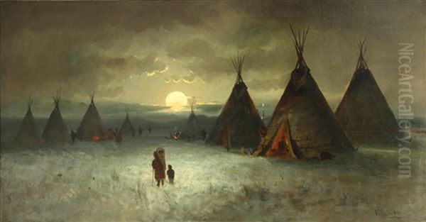 Indian Camp In Winter Oil Painting by Frederick Ferdinand Schafer