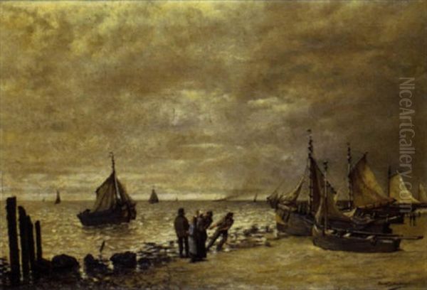 Strand Met Vissersboten Oil Painting by Josef Schakewits