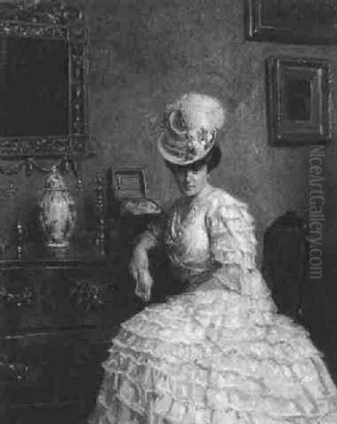Dame In Weiser Kleid, In Elegantem Interieur Oil Painting by Victor Scharf